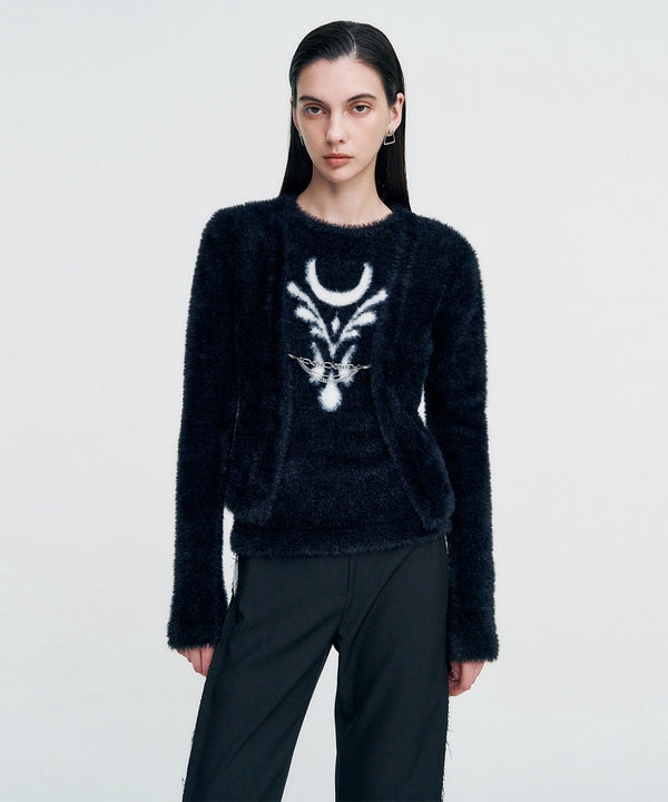 Elemental Motif Furry Knit Top _ BLACK