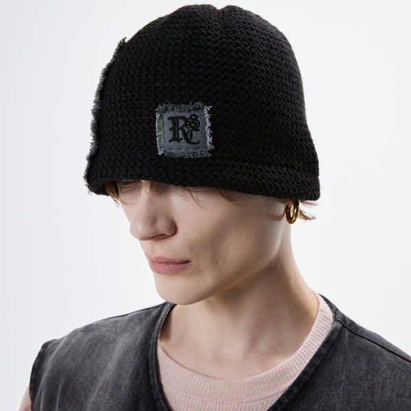 DENIM PATCHED KNIT BEANIE - BLACK