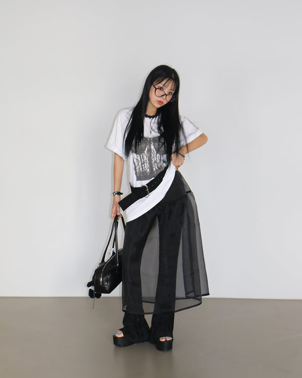 Volume see-through layered long skirt