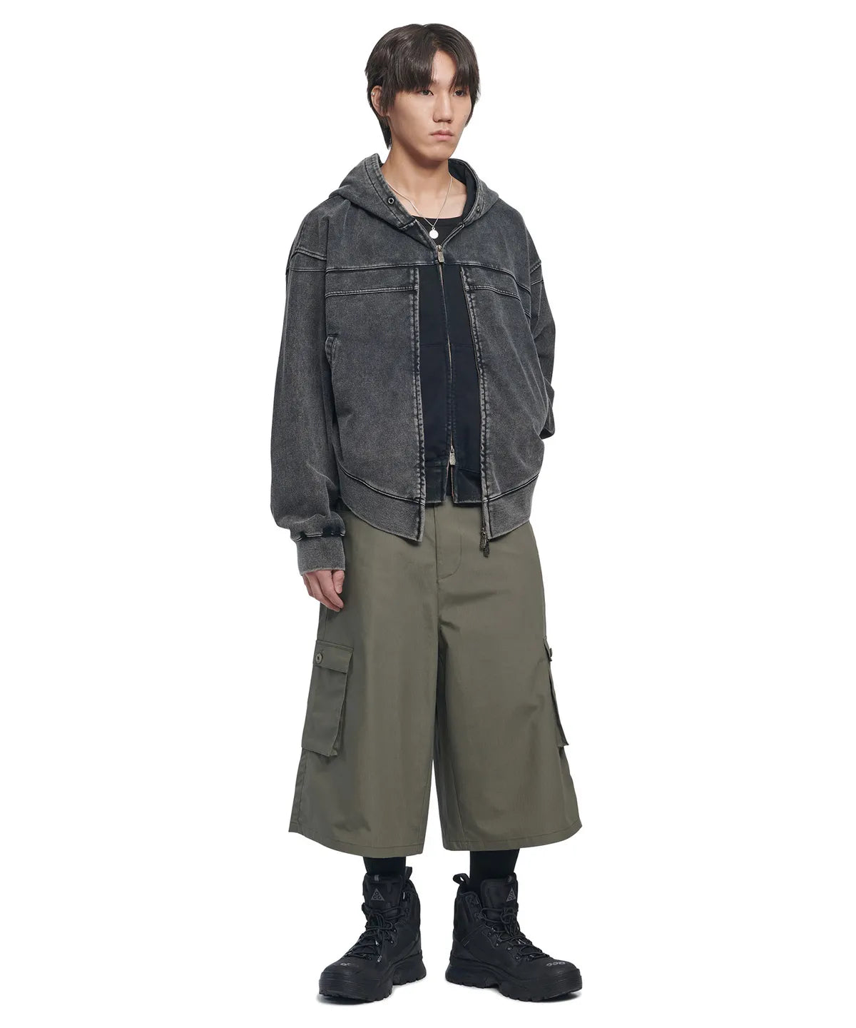 VINTAGE LAYER HOODED ZIP-UP - WASHED BLACK - nomanual | 60