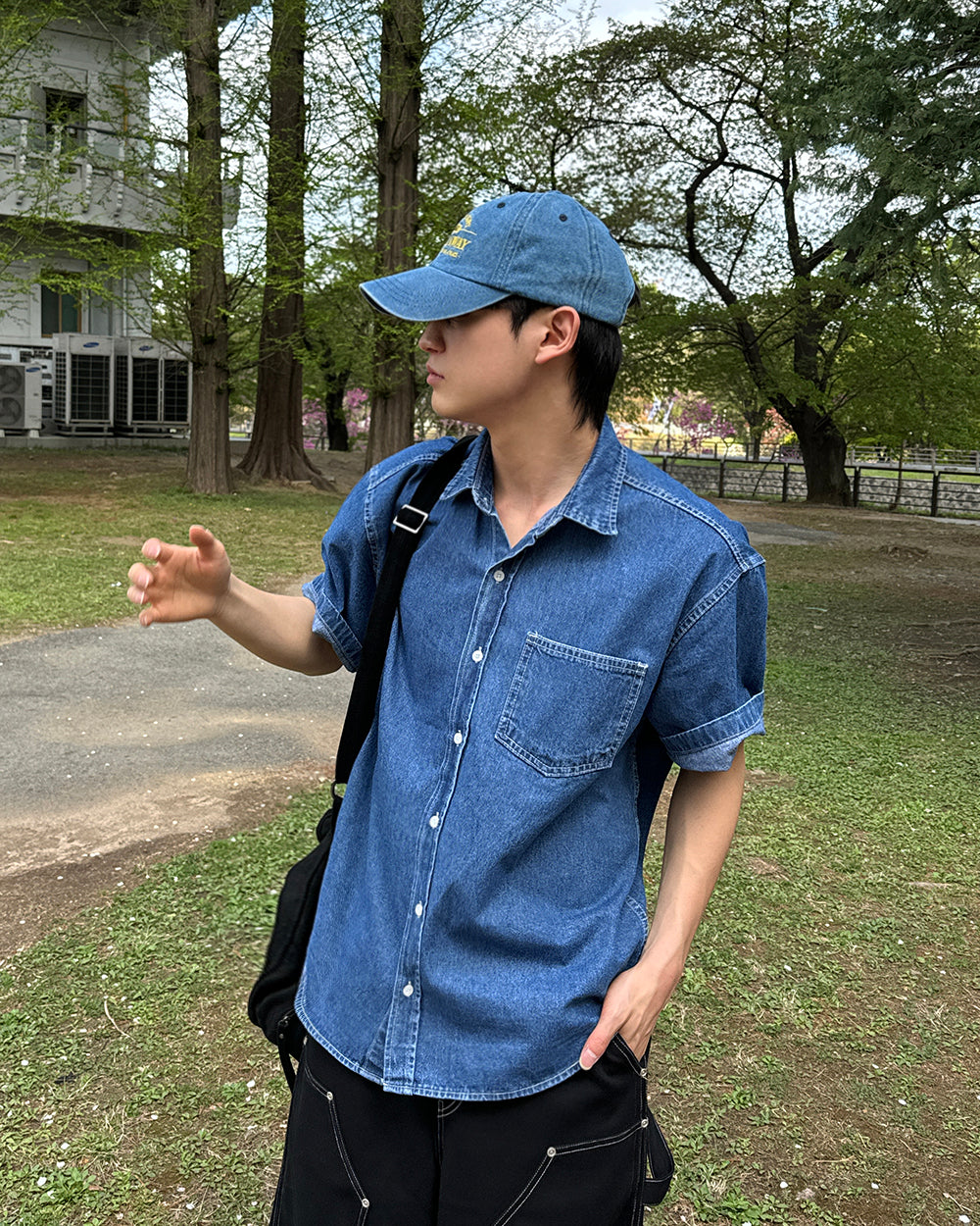 パラレルデニム半袖シャツ