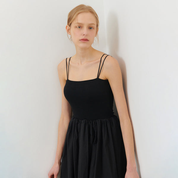 CAP SLEEVELESS SHIRRING LAYERED ONE PIECE BLACK