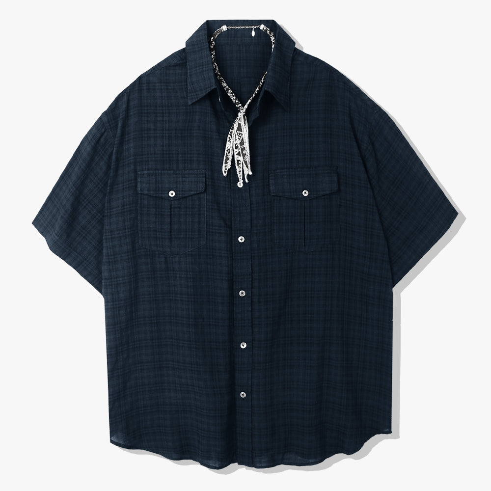 [bandana necklace set] washed check linen 2 pocket half shirt navy