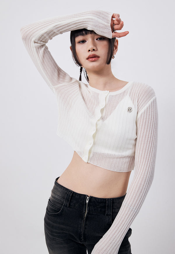 See-through crop knit cardigan - IVORY