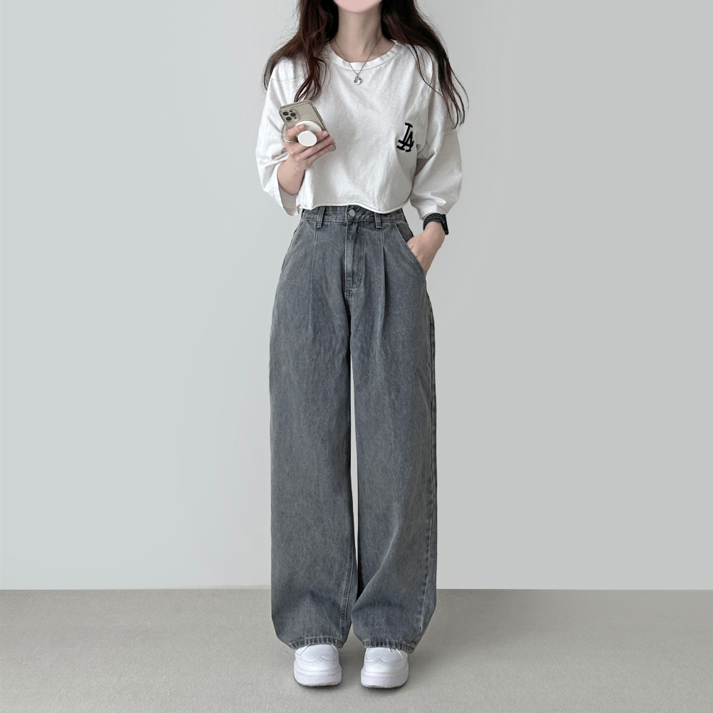 Tux pintuck denim wide pants