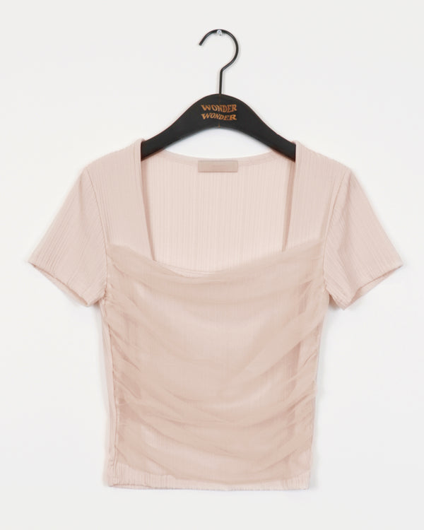 Lorun mesh see-through shirring square neck short-sleeved T-shirt