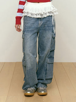 VINTAGE CARGO WIDE-FIT DENIM PANTS [BLUE]