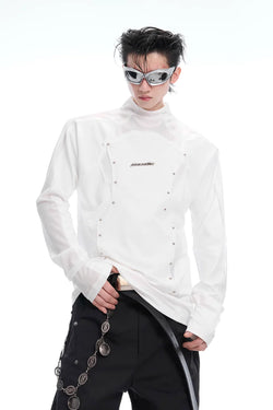 Deconstructed Mesh Panel Studded Turtleneck Tee