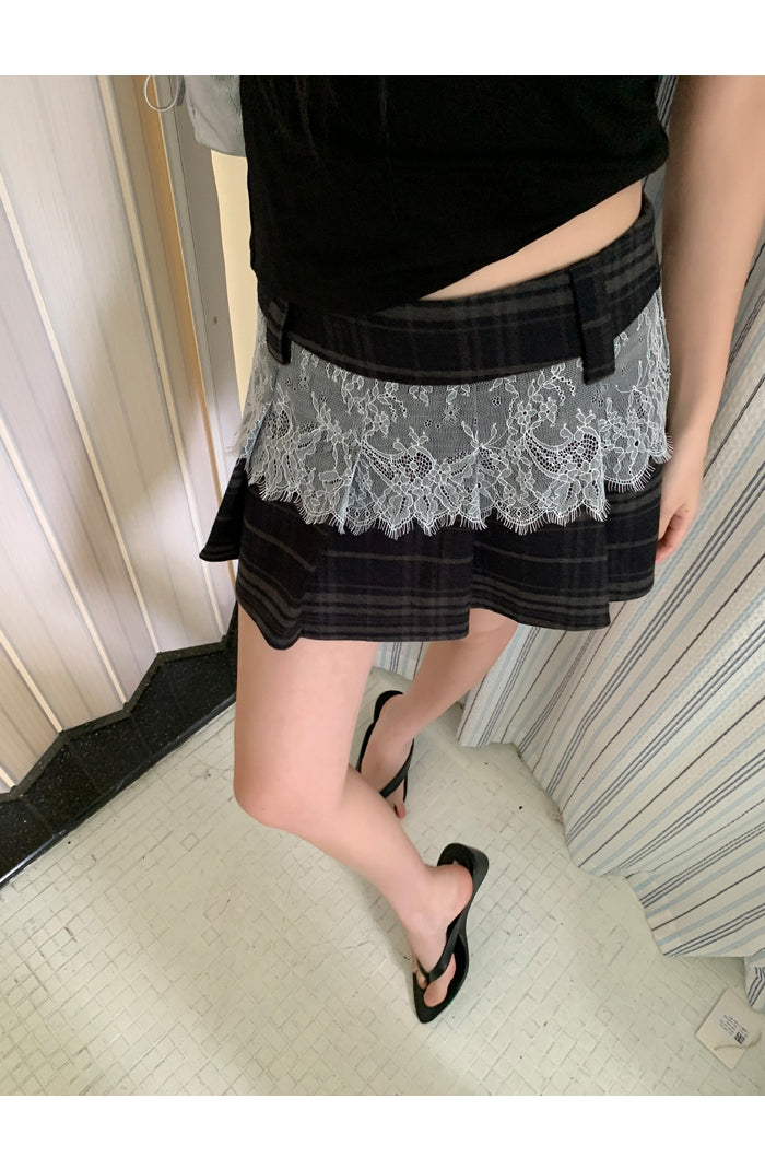 Vintage Lace Check Pleated Skirt