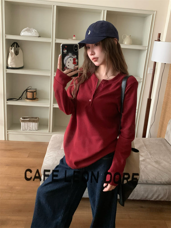 Round button waffle long-sleeved t-shirt