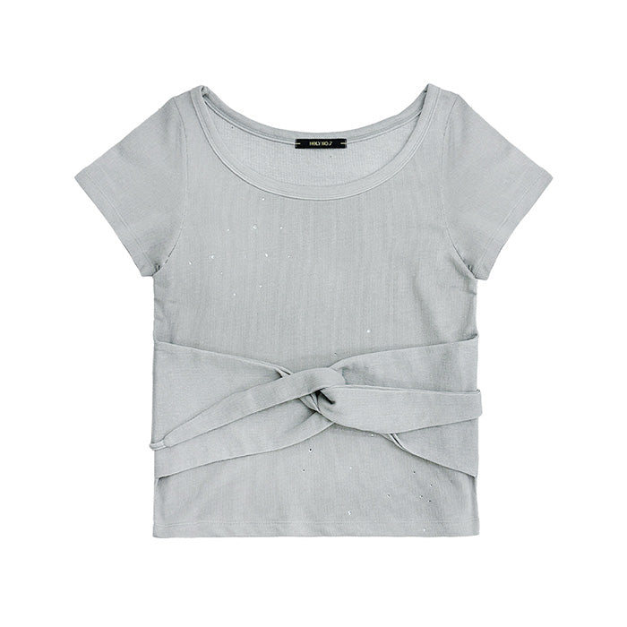 [HOLYNUMBER7] キュービック クロップド Tシャツ *韓国人気 キュービックウィメンズタイ半袖Tシャツ_ライトグレー - HOLY