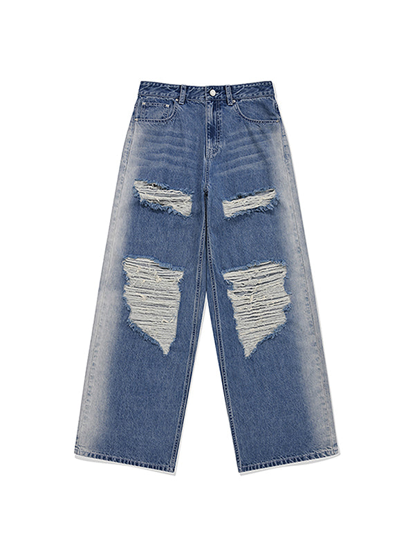 CHERRY DAMAGE WASHING WIDE DENIM-FIT PANTS [BLUE]