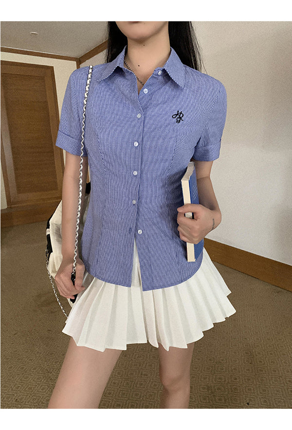 pk collar short sleeve blue check shirt