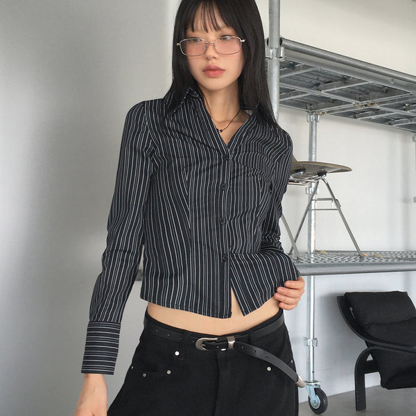 Nuven Slim Fit Semi-Crop Stripe Shirt