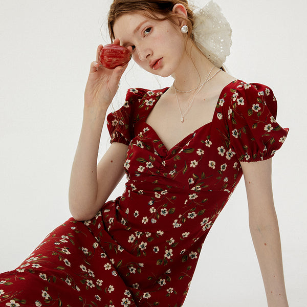 Wine flower long dress