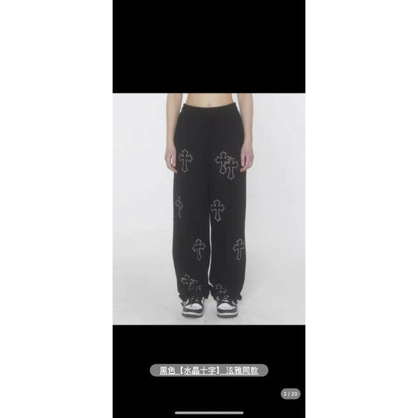 #B2404 cross-cut cotton pants with rhinestones