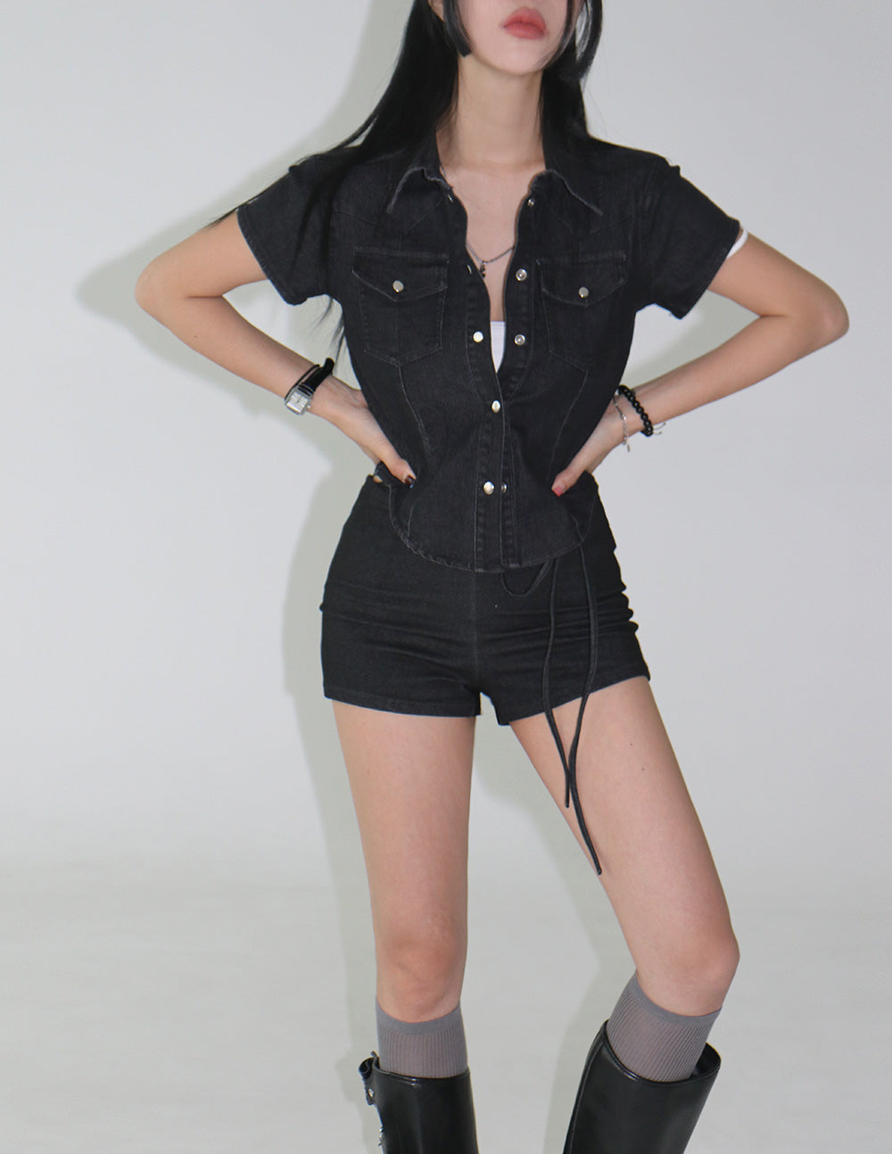 denim strap micro short pants