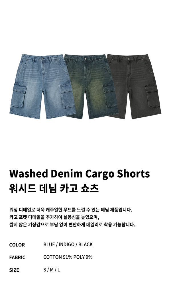 Washed Denim Cargo Shorts-Indigo