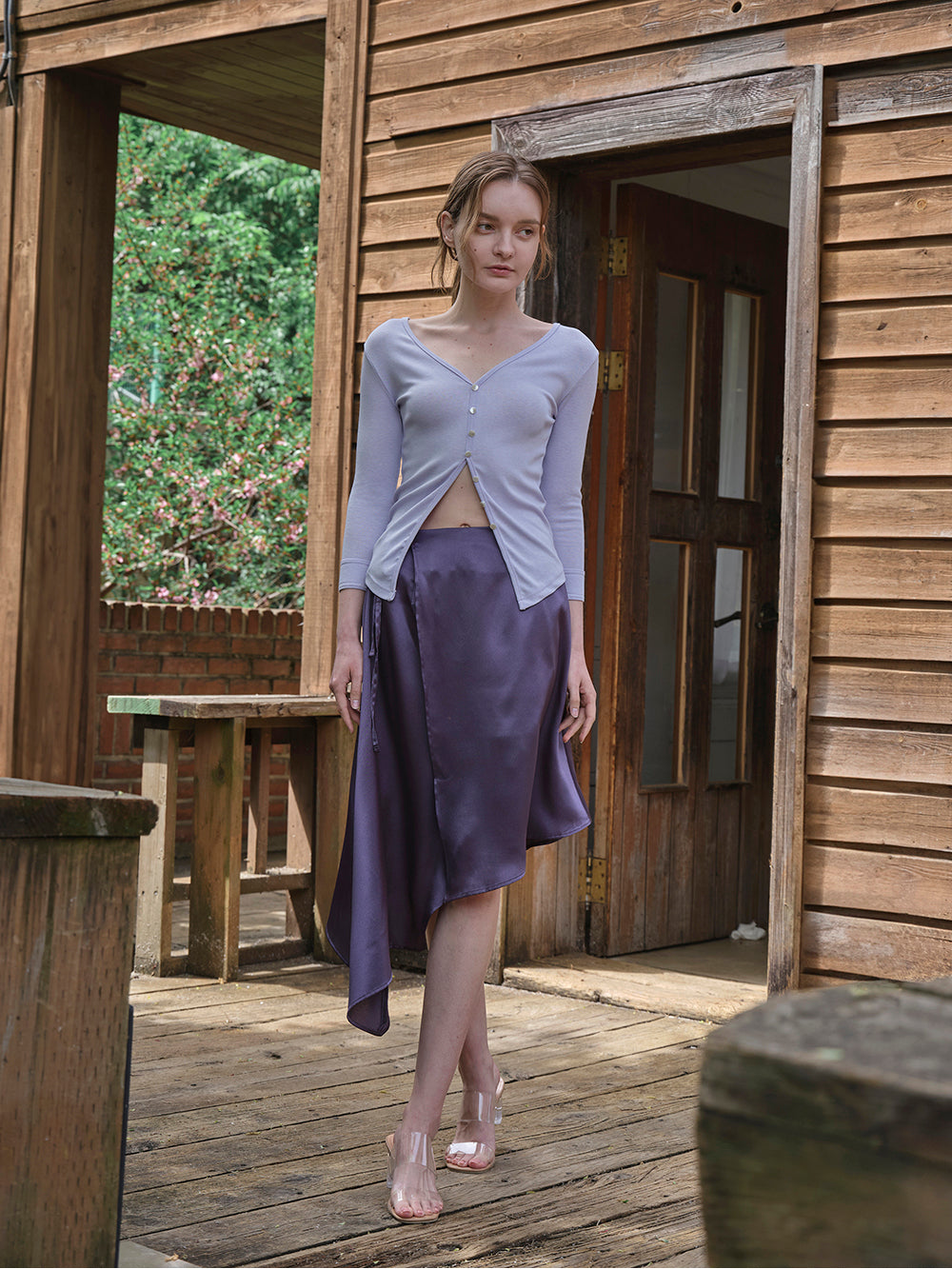 Silk unbalanced wrap skirt (Deep purple navy)