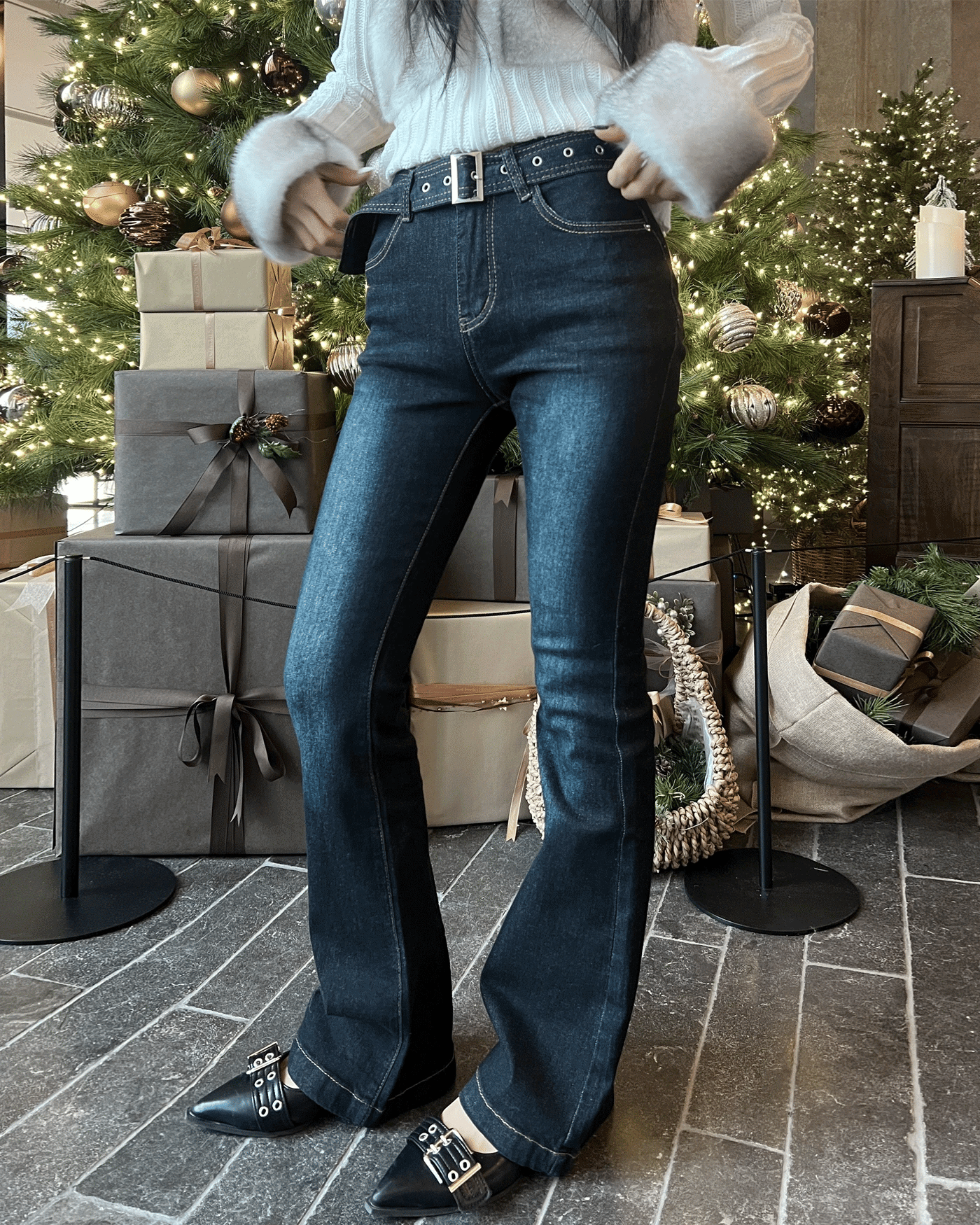 Y2Kヘナブラシハイウエストデニムスパンブーツカットロングパンツ&ベルトセット (2colors) / DEINM.VER