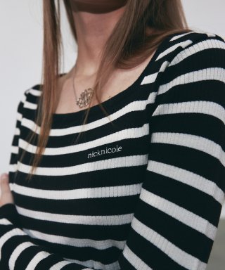 STRIPE LOGO SQUARE NECK KNIT_BLACK