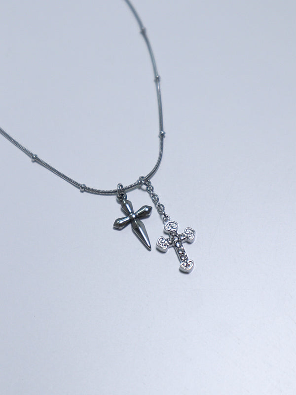 all surgical steel stone cubic double cross necklace