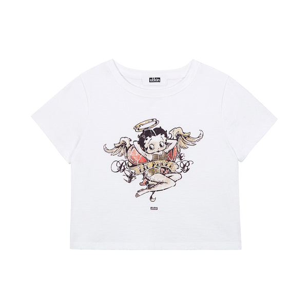 [ULKIN X BettyBoop] Angel Tatto Semi-crop Short Sleeve T-shirt_White