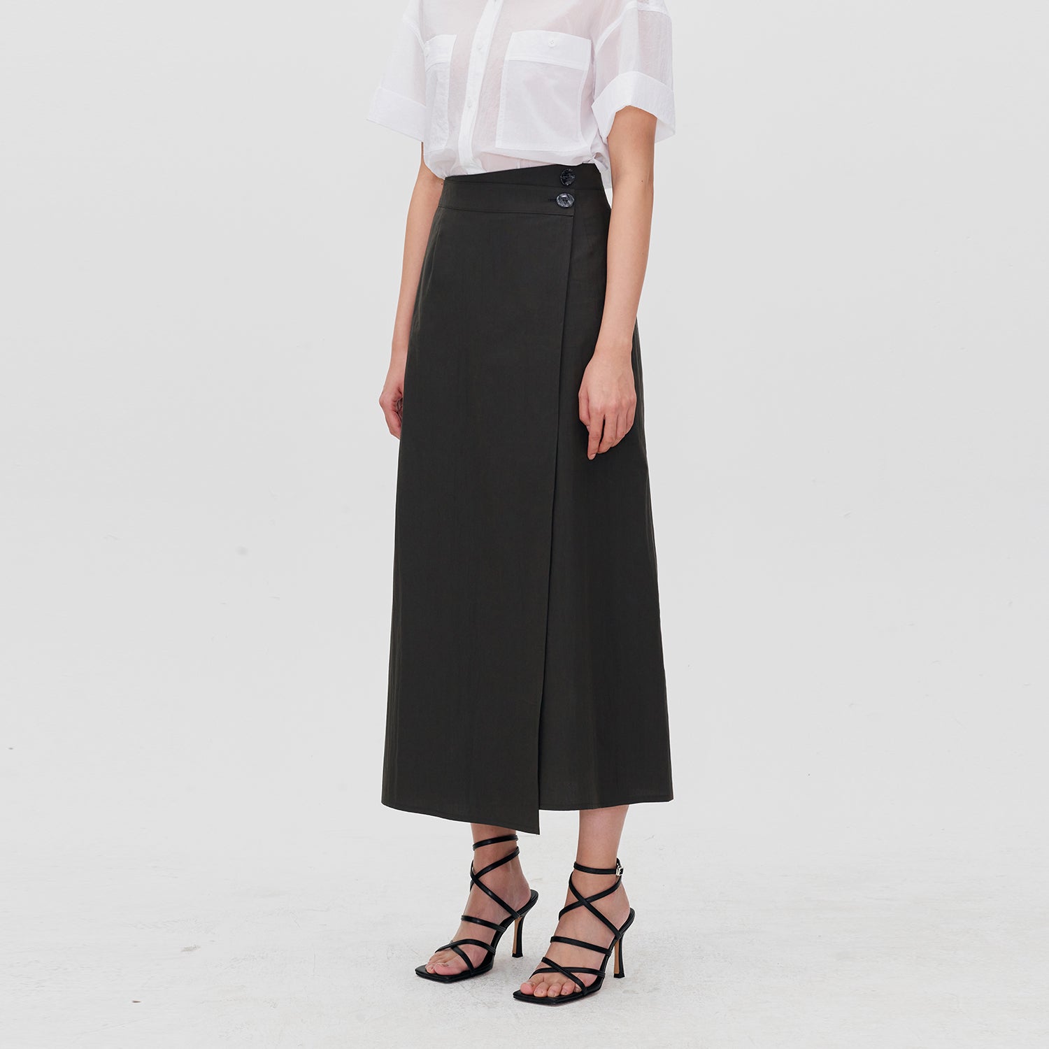 ASYMMETRICAL WRAP MIDI SKIRT