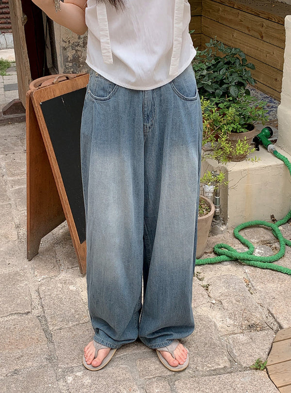 Summer Pintuck Washed Wide Denim Pants