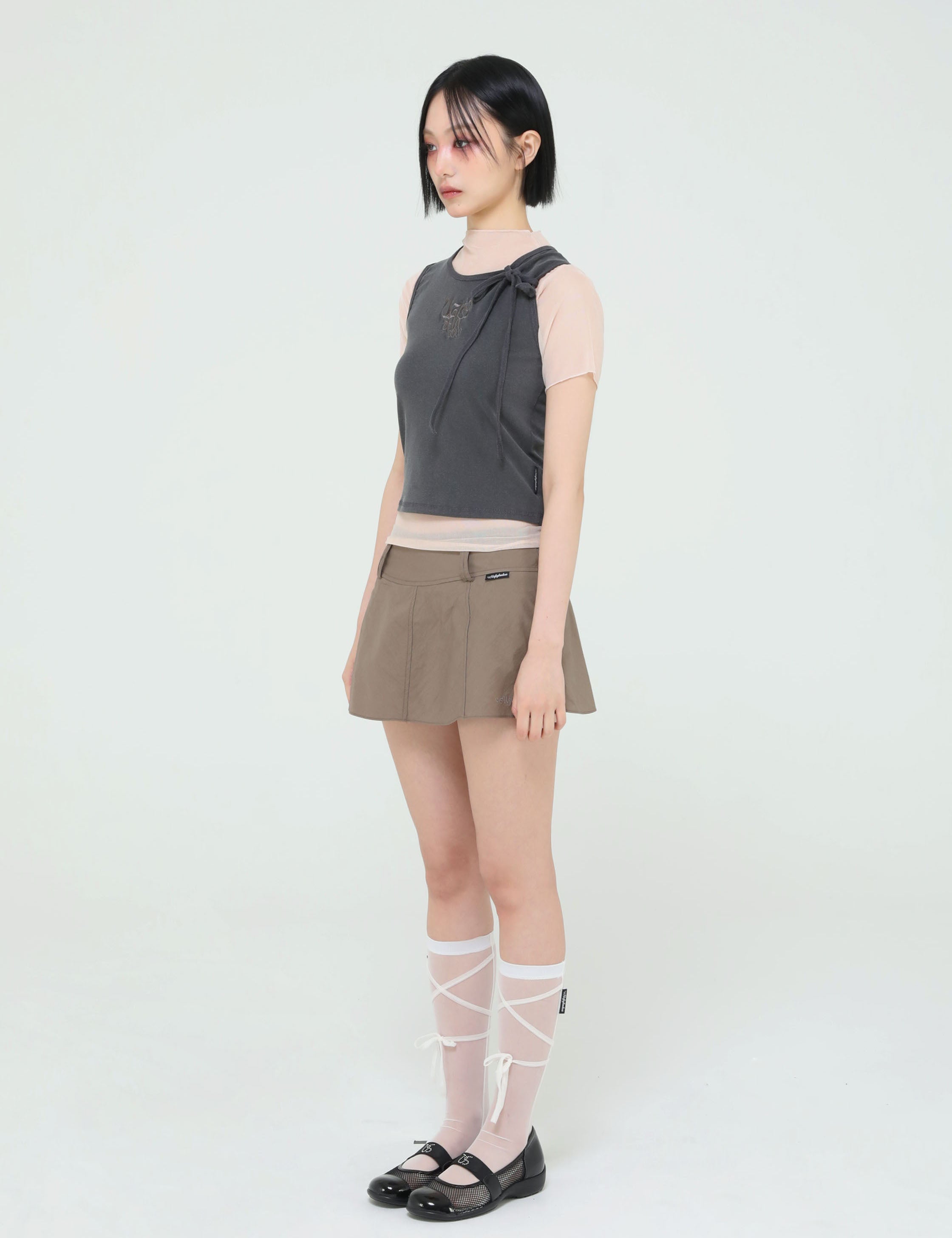 NYLON FLARED SKIRT PANTS(KHAKI BROWN)