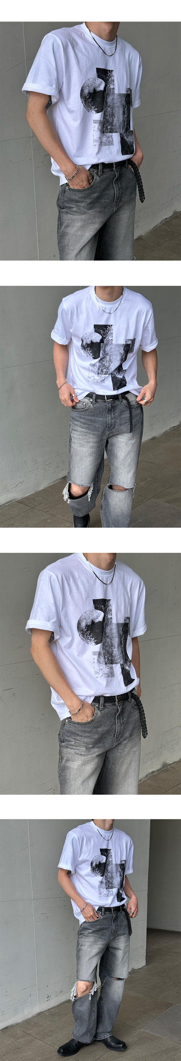 [Unisex] Daily gray destroyed denim pants