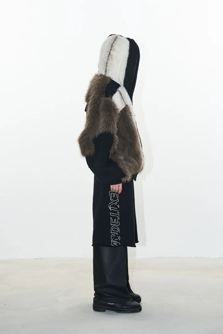 カラーブロックフードウィンターフリースジャケット