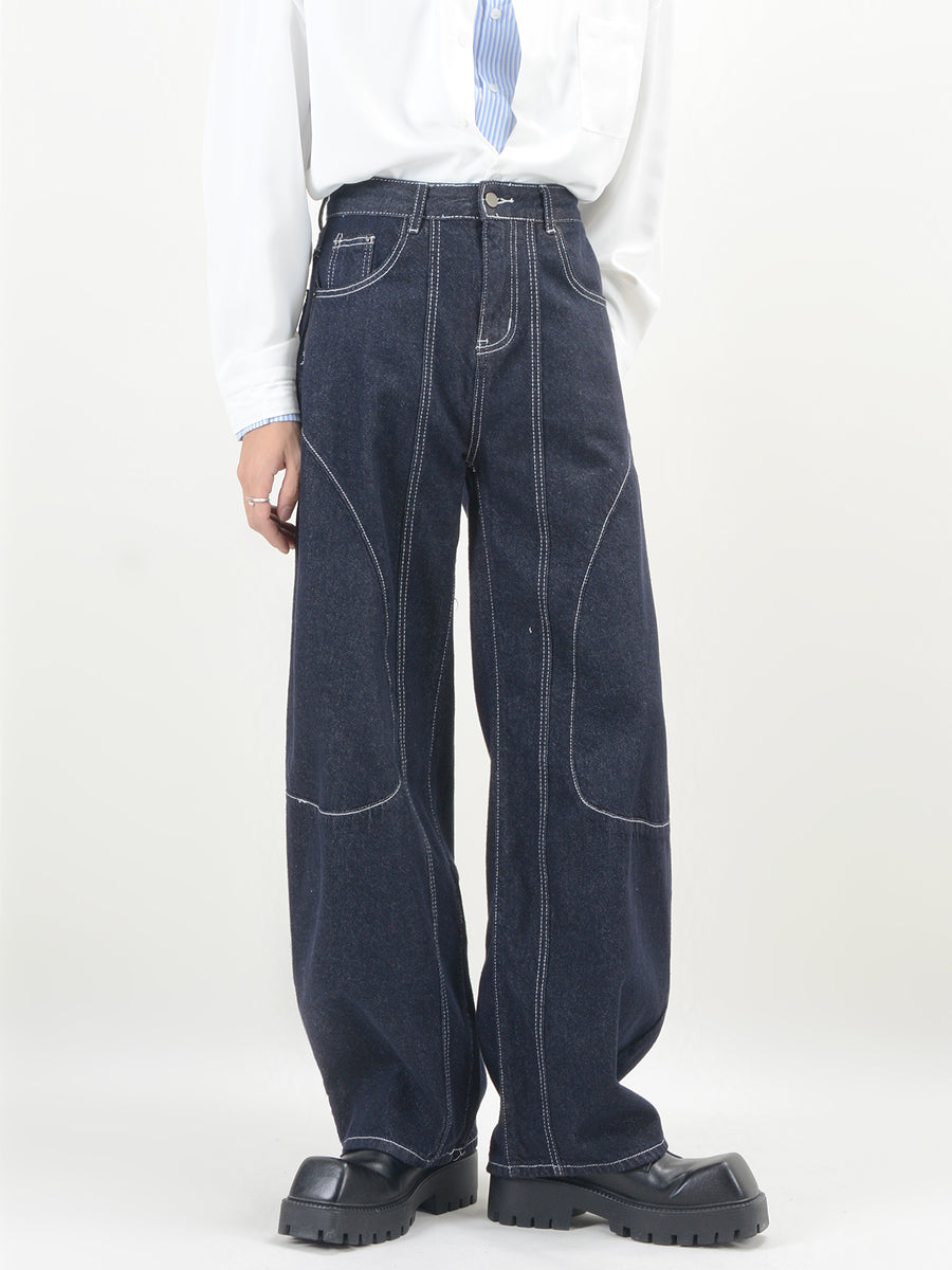 top-stitched washed dark blue jeans