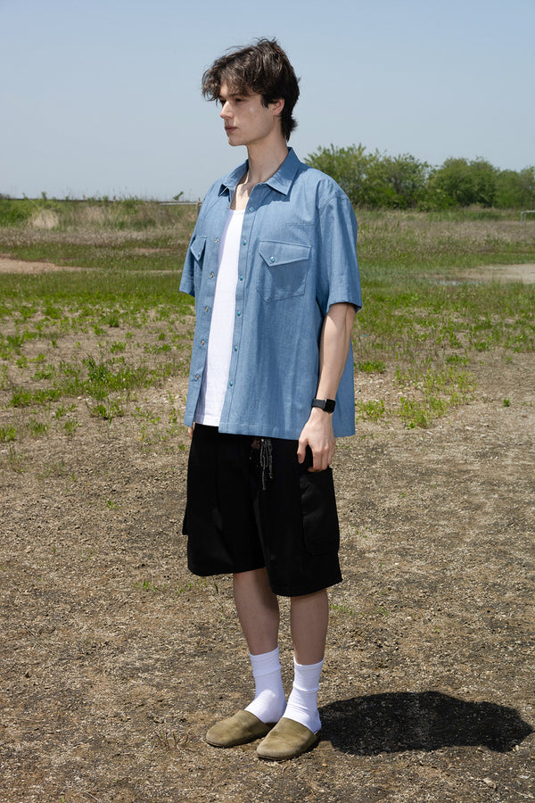 DENIM LINEN WESTERN HALF SHIRTS LIGHT INDIGO