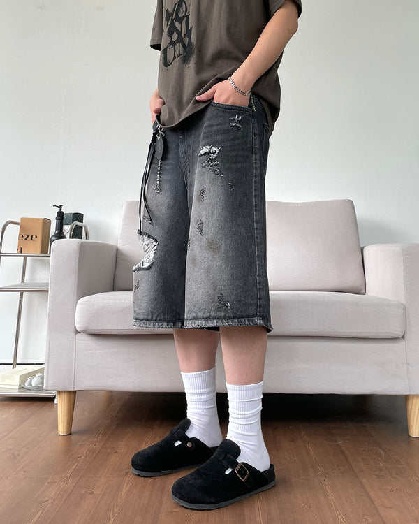 Point damage half denim pants