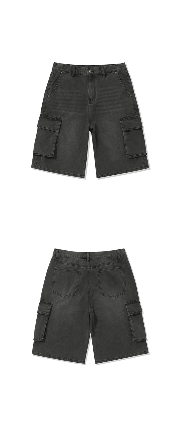 Washed Denim Cargo Shorts-Black