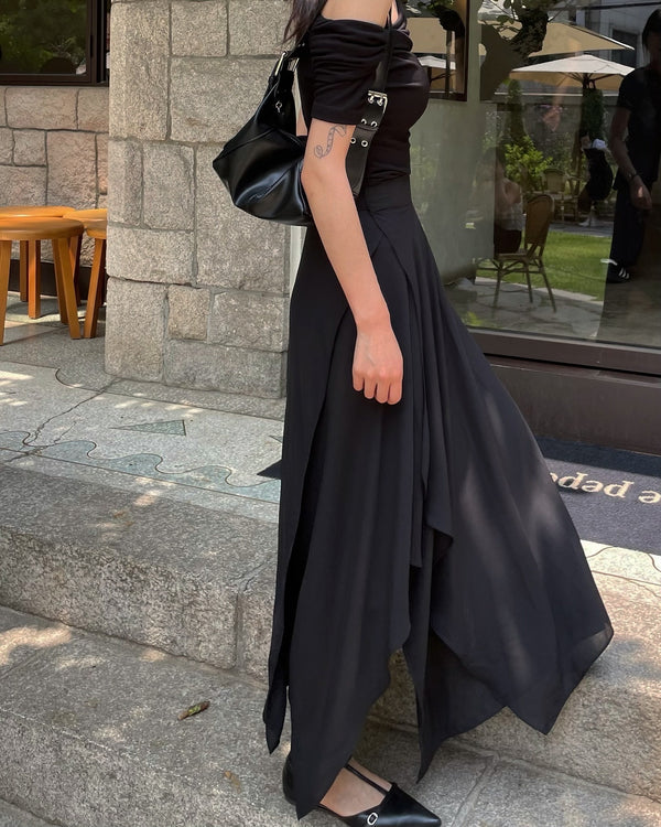 Kun chiffon layered unbalance wrap skirt