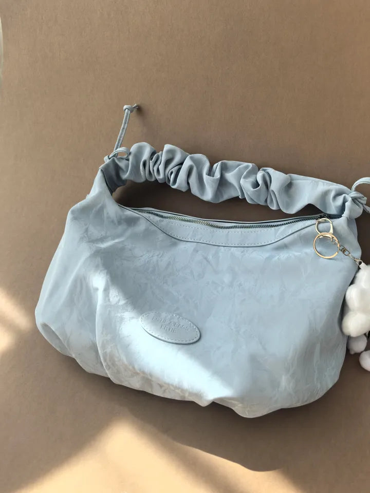 Cloud doll key ring bag denim washed leather wave pattern wrinkle strap zipper shoulder bag