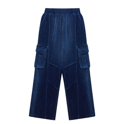 Washing Corduroy Cargo Banding Denim Pants Blue