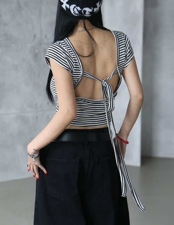 Stripe Backless Ribbon Crop Short Sleeve T-Shirt