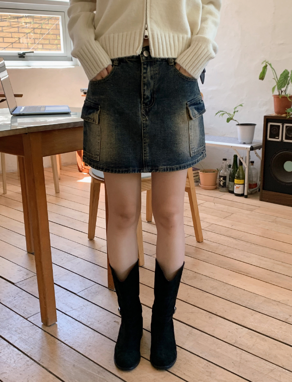 Cargo Denim Washed Mini Skirt