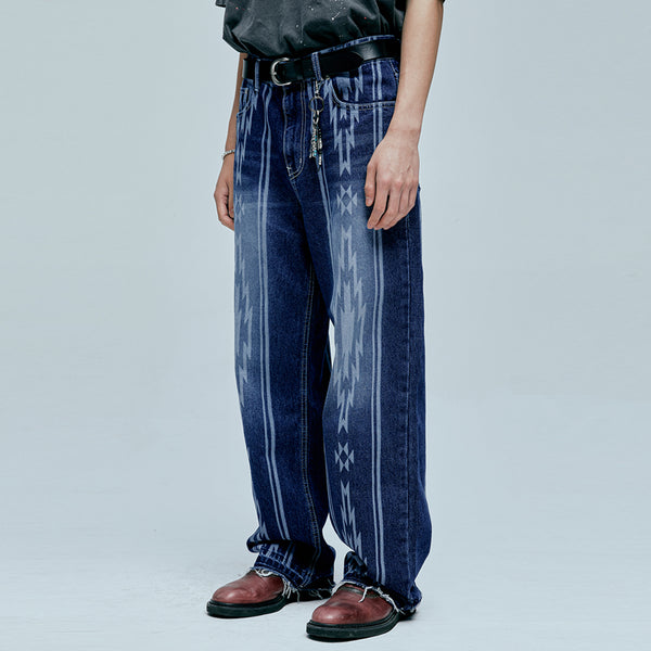 navajo pattern cut off denim pants indigo blue