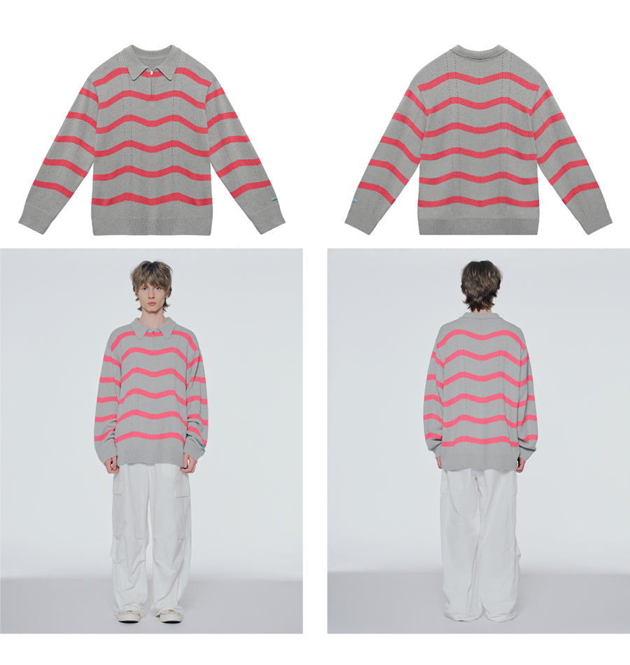 Striped half-zip boucle sweater