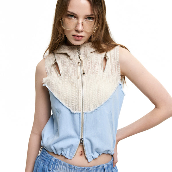 KNIT & DENIM HOOD ZIPUP VEST - IVORY/LIGHT DENIM