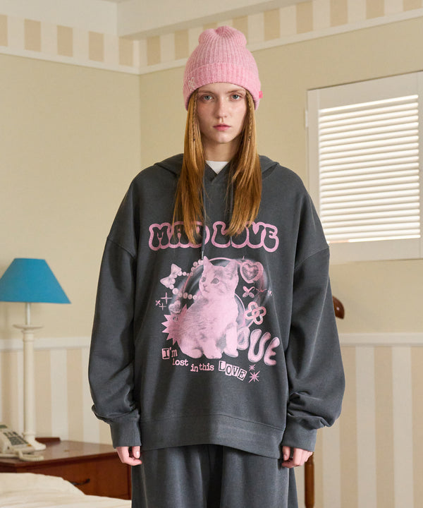 MEOW PRINTING HOOD T CHARCOAL