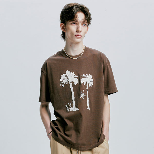 palm tree & eyelet chain needlework t-shirt brown