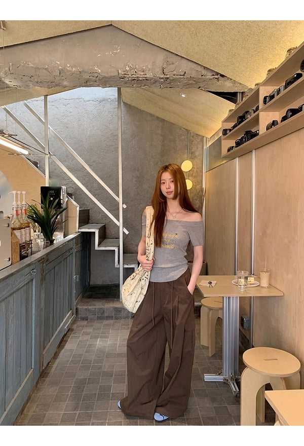 イエロークリームオフショルダーショートスリーブニットTシャツ