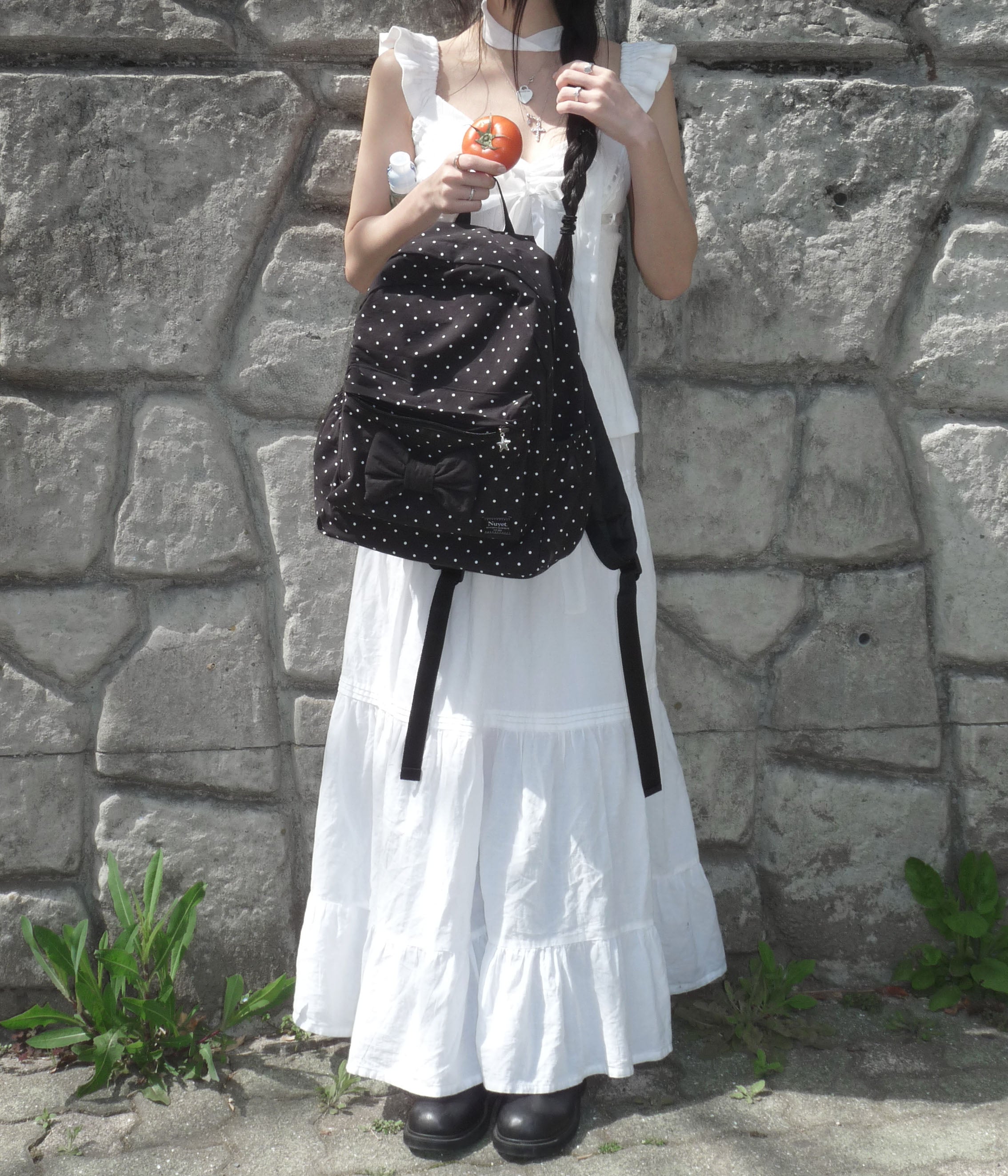 【Nuyet】Ribbon piercing bag Polka dot ribbon backpack - Nuyet | 60% - Asian Fashion
