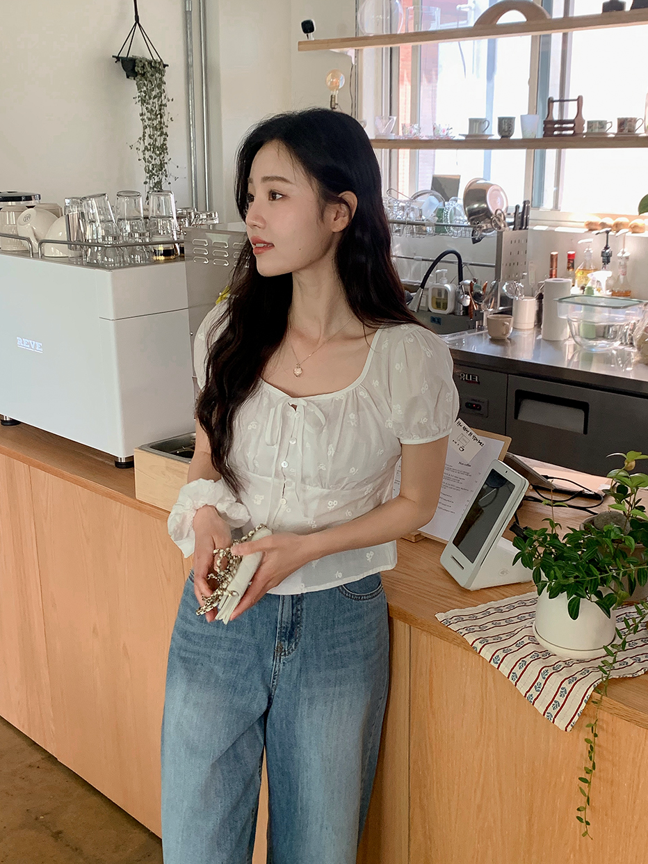 RM Flower Puff Shirring Summer Short Sleeve Blouse