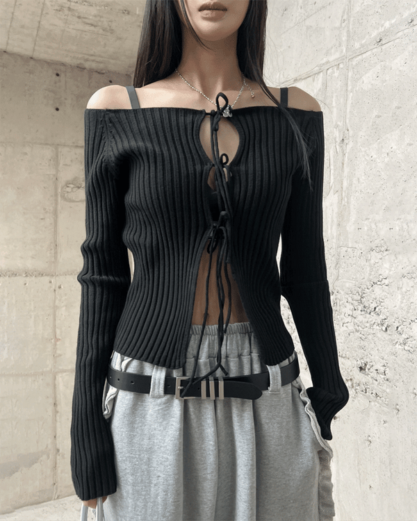 ラバーズリブリボンレースアップロングスリーブゴルジニットT (5 colors)